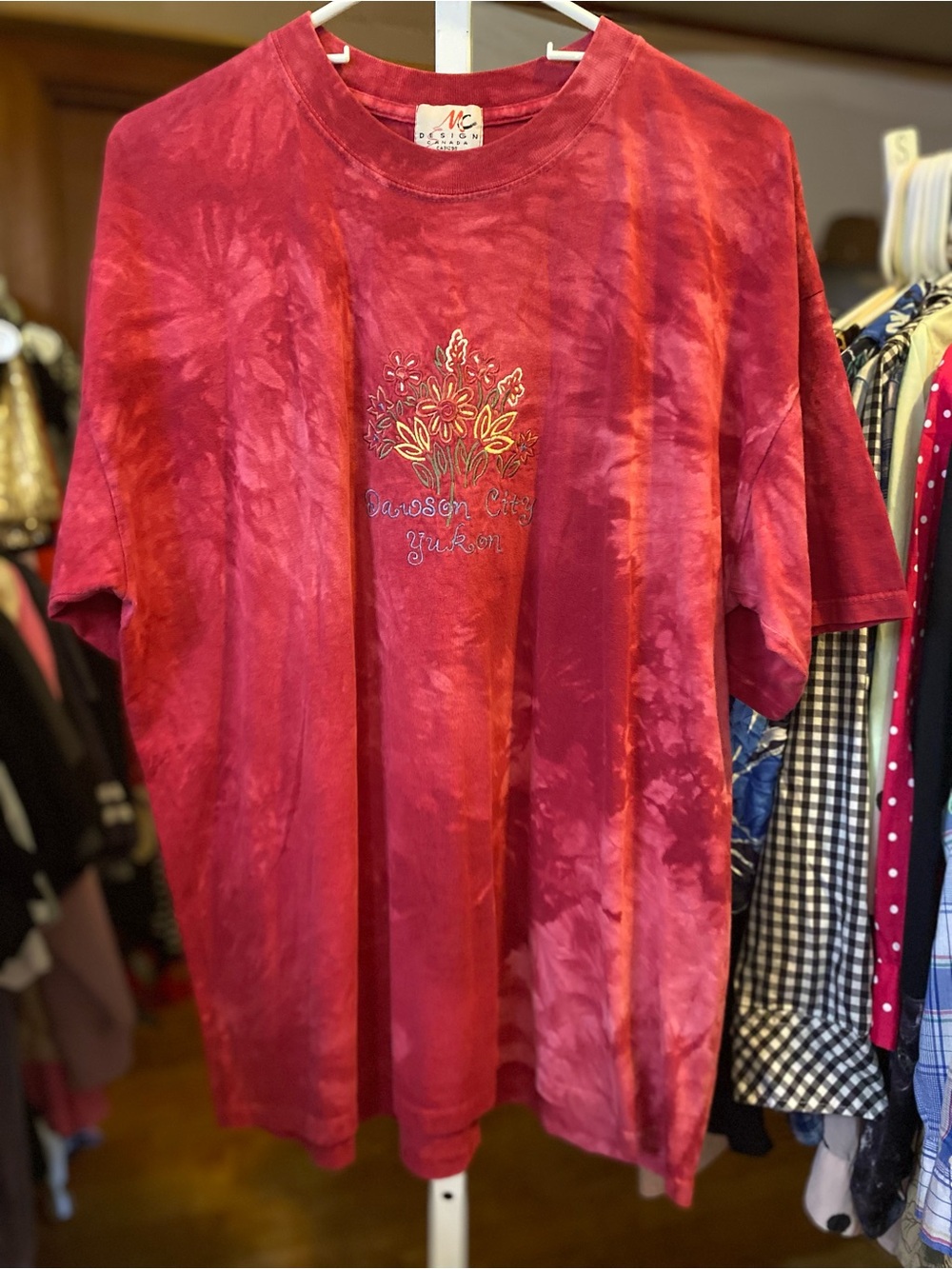 Women’s Red Tie-Dye Short Sleeve Tee with Floral Embroidery